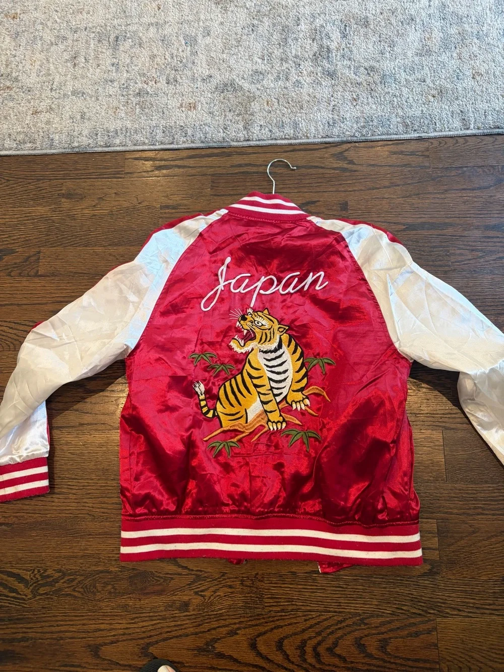 Red and White Satin Tiger Embroidered Bomber Jacket